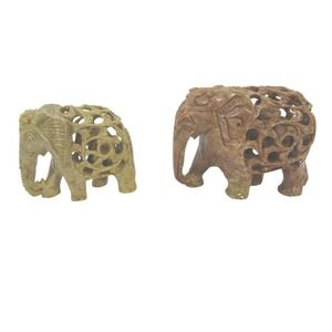 Lot of2 Vintage Carved Soapstone Elephants Ornate Openwork Sculptures from India